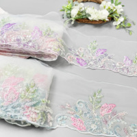 Ruban de dentelle en maille brodée de fleurs multicolores avec perles pour robe de mariée, abaya, robe, accessoires de couture DIY