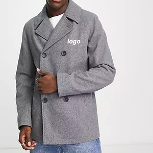 Custom Embroidery logo With High Quality Woolen Fabric Button Placket <strong>Men's</strong> <strong>Pea</strong> <strong>Coat</strong> - Product Image 1