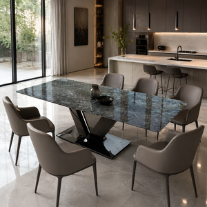 Table à manger personnalisée, plateau rectangulaire, style moderne, villa, 6 à 8 places, pieds en métal, meubles en pierre, luxe, granit bleu émeraude - Product Image 3