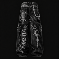 DiZNEW High Street Erkek Gotik Diken Desenli Kot Pantolon Ağır Kalın Çok Cepli Bol Paça Denim Pantolon Darkwear Kıyafet OEM
