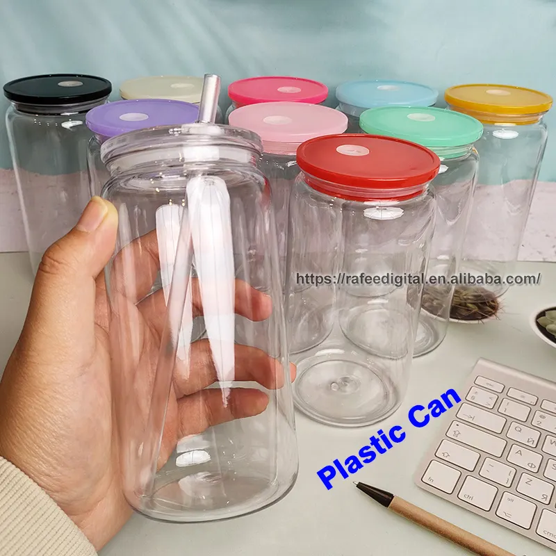 Wholesale 16oz 16oz Transparent Soda Bottle Jar Tumbler Cup 16 Ounce 350ml Clear Acrylic Plastic Beer Can with Lid and Straw