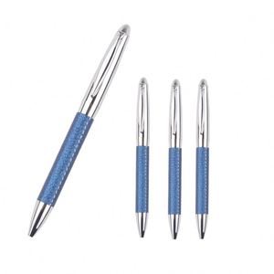 Stylo en cuir bleu et acier inoxydable - Product Image 1