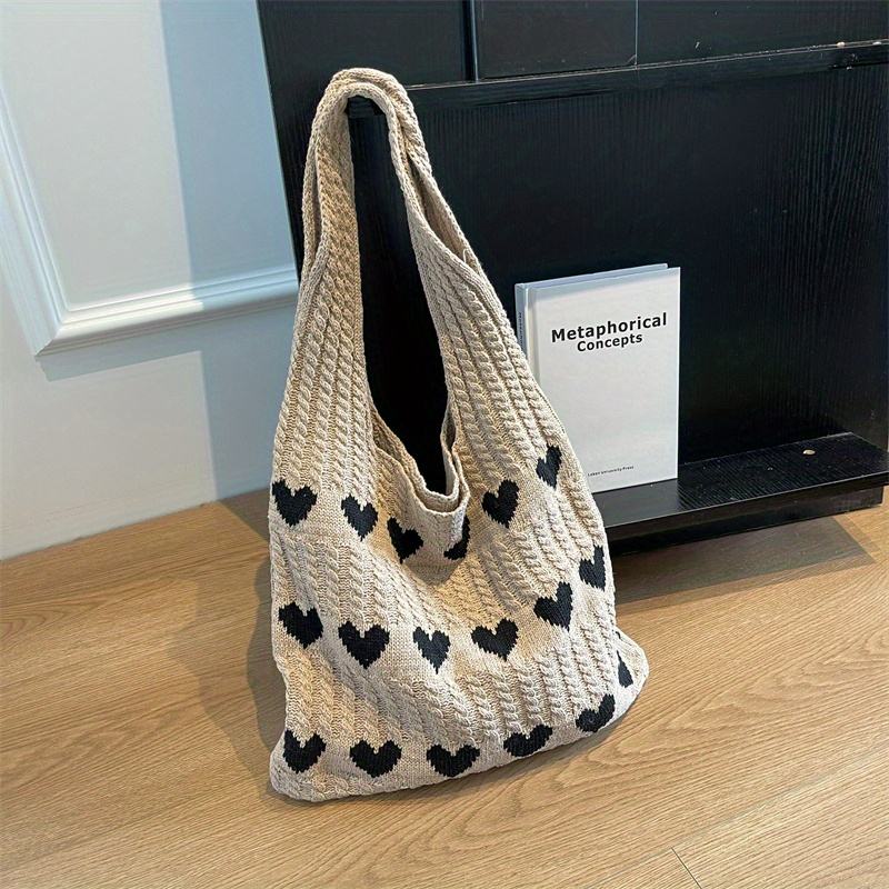 Customized Women's Love Heart Pattern Tote Bag Aesthetic Knitted Shoulder  Bag Fashion Womens Crochet Handbags - Main Image