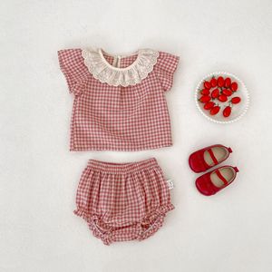 Conjunto de Ropa de Verano PP2026 para Bebés <span class=keywords><strong>y</strong></span> Niños Pequeños, Camisa a Cuadros Rosa con Pantalones, 2 Piezas, Venta al Por Mayor - Product Image 1