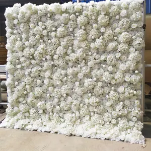 P01 कस्टम Flowerwall 5D 3D सफेद रोल अप कपड़ा फूल दीवार शादी की सजावट कृत्रिम रेशम गुलाब फूल पैनल पृष्ठभूमि फूल दीवार