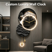 Reloj de Pared de Lujo con Efecto Mármol Negro y Luces LED - Reloj de Cuarzo Moderno y Silencioso con Péndulo, Ideal para la Sala de Estar