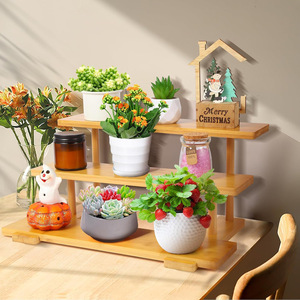 Estante de almacenamiento de bambú de tres niveles, organizador de escritorio para el hogar, oficina, escritorio, estante de exhibición para macetas con diseño multifuncional - Product Image 2