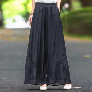 Cotton Linen Embroidered Wide Leg Pants Elastic Waist Casual Plus Size Women's Clothing Rose Pink Breathable Summer Style - Product Image 2