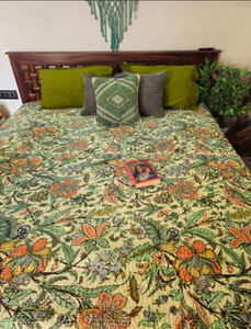 Hand Block Print Cotton Kantha <b>Bedspread</b> – Handmade Indian Floral Quilt, Traditional <b>Quilted</b> Coverlet for Twin & King Size - Product Image 3