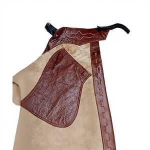 Premium Custom Brown Suede Cowhide Leather Rodeo <b>Chaps</b> with Contrast Patch Accents, Matching Fringe, and Ranchos Range Branding - Product Image 2