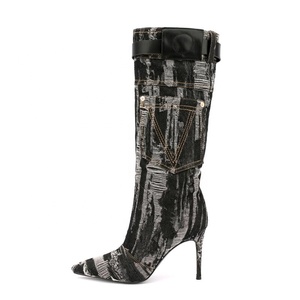 Large Size 47 Denim Women Knee High Boots Thin Heel Embroidered Belt Buckle <b>Long</b> Booties Fashion Women's Shoes - Product Image 3