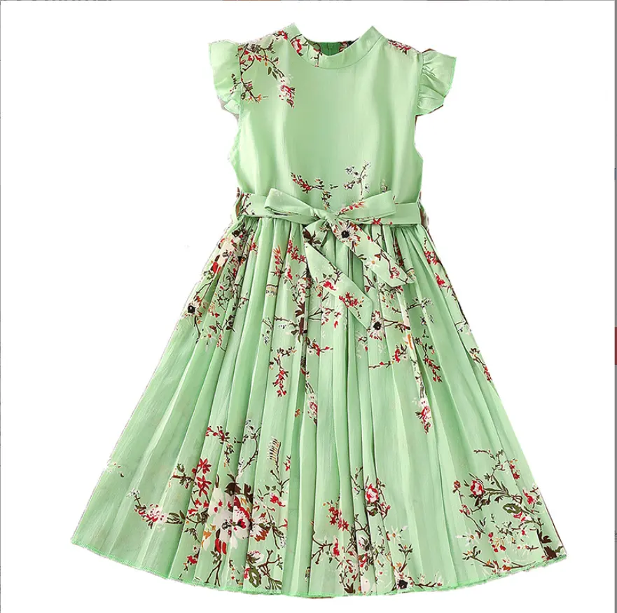Kids dresses for girls luxury fly sleeve Cute Princess Fashion Pleated Skirt 2023 Girls printed flower Children frock