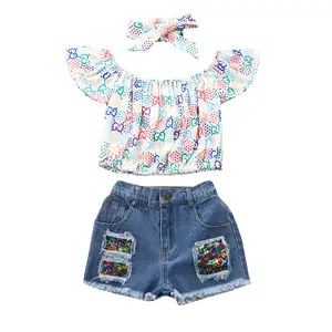 Baby Meisje Kleding 2 Stuks Ruche Outfits Witte Shirt Tops + Denim Broek Gescheurde Jeans Voor Meisjes