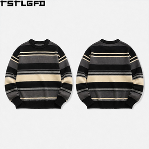 Pull en maille ample à rayures col rond, coupe oversize, manches longues, style streetwear décontracté, pour l'automne, personnalisable, vente en gros, fournisseur d'usine - Product Image 2