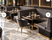 Banquette d'angle en velours gris capitonnée, avec table en marbre et chaises, pour salle à manger d'hôtel, personnalisable, OEM, vente en gros