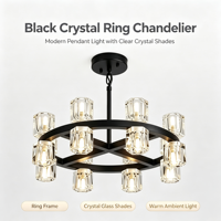 Lustre de luxe en cristal à 16 lumières, design roue de chariot noire, hauteur réglable, plafonnier LED avec abat-jour en cristal transparent