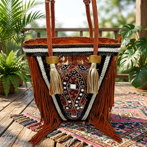 Bolso de hombro de cuero bohemio con cuentas de estilo Ibicenco Vintage indio tradicional para mujer cierre con cremallera hecho a mano algodón moda Patchwork - Product Image 3