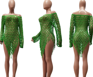 STOCK 5 couleurs hors épaule évider robe à la main Crochet plage couvrir franges voir à travers Caftan - Product Image 2