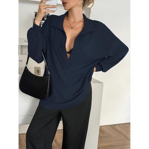 Fisoew Suéter de punto acanalado con cuello en V profundo para mujer, top informal de manga larga, color azul marino, para otoño - Product Image 4