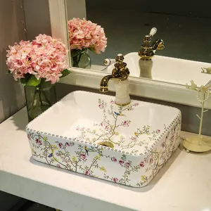 Avrupa Vintage Stil Seramik Yıkama Havzası banyo lavabosu üstü seramik lavabo dikdörtgen çiçek kuş Banyo Lavabo