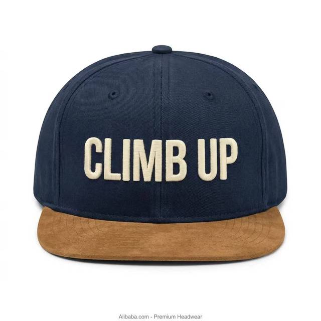 Custom 6 Panel Snapback Hat Navy Blue Washed Cotton Twill Cap with Camel Suede Flat Brim 3D Embroidery Logo Snapback Cap