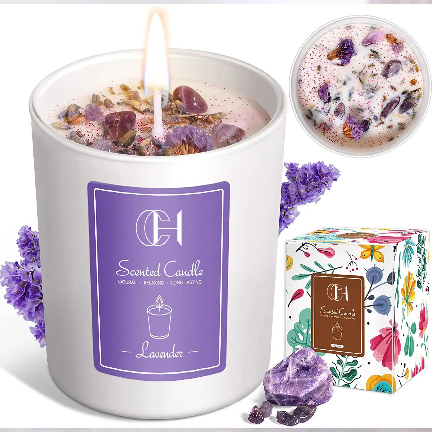 Custom Private Label Logo Relaxing Spiritual Healing Lavender Crystal Scented Aromatic Candle Jar Vanilla Natural Soy Wax Candle