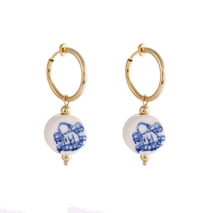 Pendientes de Perlas de Porcelana Azul y Blanca Pintados a Mano Estilo Vintage para Mujer, Aros de Acero Inoxidable con Baño de Oro Real, Clip <span class=keywords><strong>sin</strong></span> Perforación - Product Image 6