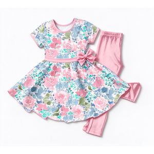 Conjunto Casual de 2 Piezas para Niñas, Vestido Estampado de Manga Corta de Seda de Leche + Leggings Lisos con Lazo, Ropa de Verano para Niñas Pequeñas - Product Image 4