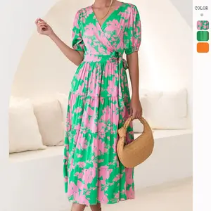 2023 Zomer Nieuw Groen Elegant Stijlvol Temperament Gekruiste Hals V-Hals Wrap Bedrukt Cross-Border Dames Smart Casual Jurk