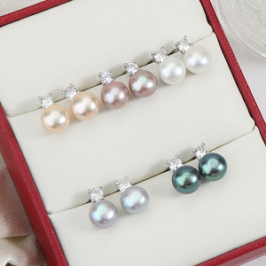 Boucles d'oreilles classiques en perles, perles d'eau douce naturelles, aiguille en argent 925, incrustées de diamants, haute brillance - Product Image 5