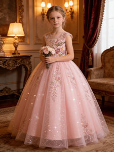 Robe de bal en tulle à col carré et imprimé étoiles pour filles, broderie florale, robe de fête d'anniversaire pour enfants - Product Image 3