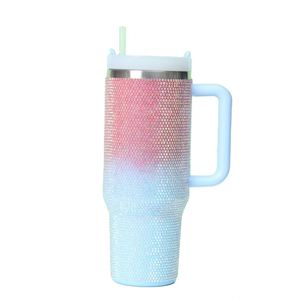 Mug isotherme de voyage 40 oz en acier inoxydable double paroi avec poignée, couleur dégradée, incrusté de perles et de diamants - Product Image 1
