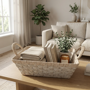 Large <b>rectangular</b> woven rattan living room coffee table <b>basket</b> with tall side handles, available at wholesale prices. - Product Image 1