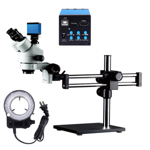 Microscopio estéreo Trinocular con soporte de doble brazo, Base fija, Zoom 7X-45X, cámara Digital de 16MP, Marco con Zoom de luz LED - Product Image 1