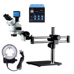 قاعدة ثابتة مزدوج Boom Stand المجهر 7X-45X التكبير ثلاثي العينيات مجهر ستيريو 16MP كاميرا رقمية مصباح ليد التكبير إطار