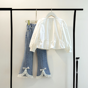 Ensemble de style princesse d'automne pour filles, chemise patchwork élégante pour petite fille et jean à dentelle, ensemble deux pièces, vêtements pour filles - Product Image 5