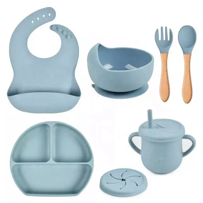 Assiettes en silicone pour tout-petits Fournitures pour bébés Ensemble de bols d'alimentation en silicone sans BPA avec cuillère et fourchette