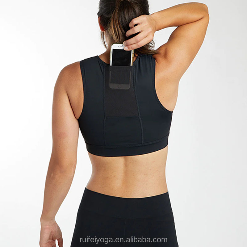 Custom Design Your Own Athletic Active Gym Yoga Fitness High Impact Women Padding Running Push up Sports Bra With Phone Pockets