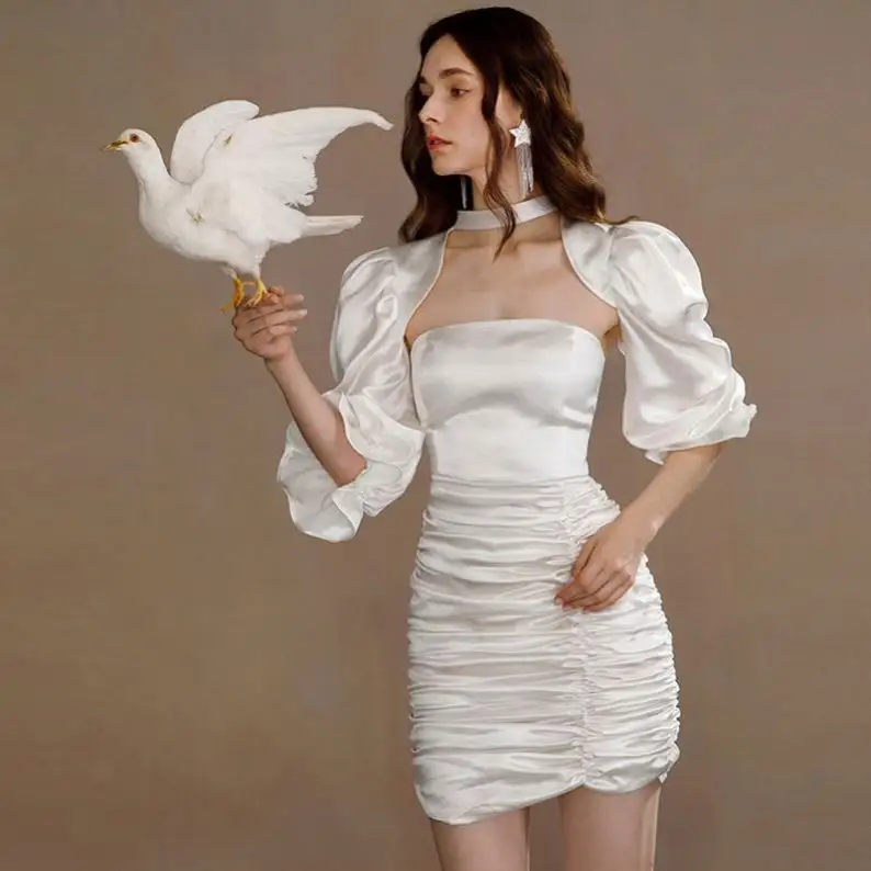 Gaun lengan Puff putih Perancis baru gaun punggung terbuka seksi lipat gaun pesta malam Prom elegan ramping gaun dua potong