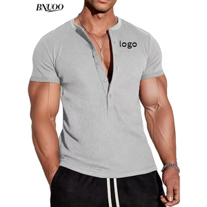 Camisetas de manga corta con cuello Henley y gofres para <span class=keywords><strong>hombre</strong></span> con logotipo bordado personalizado, camiseta elegante <span class=keywords><strong>informal</strong></span> con tapeta de 5 botones, camiseta ajustada - Product Image 1