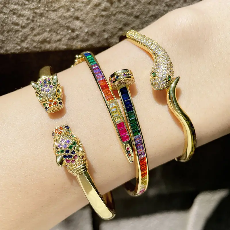 Индивидуальный инкрустированный красочный циркониевый браслет для ногтей, Женский Открытый браслет в виде змеи и головы леопарда