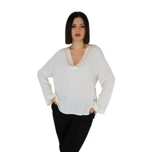 Women's Blouse Cream <b>V</b>-<b>Neck</b> <b>Long</b> <b>Sleeve</b> Loose Fit Casual <b>Top</b> - Product Image 4