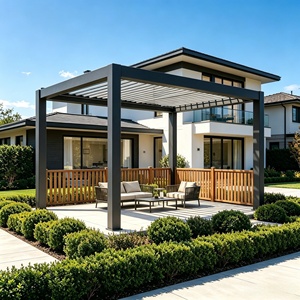 Pergola motorisée robuste en alliage d'aluminium pour extérieur avec gouttière de drainage dissimulée, éclairage LED intégré et protection intégrale contre la pluie - Product Image 5
