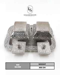 Contenedor Doble de Plata Hecho a Mano con Bandeja, Caja de Almacenamiento Tradicional para Frutos Secos, Decoración Pooja y Regalos Premium - Product Image 3