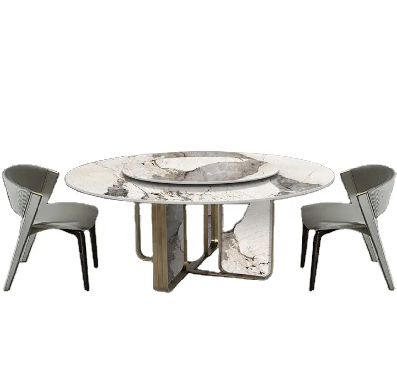 Huismeubilair Moderne Eetkamer Set Rond Roterend Marmer Goud En Stenen Been Met 6 Stoelen