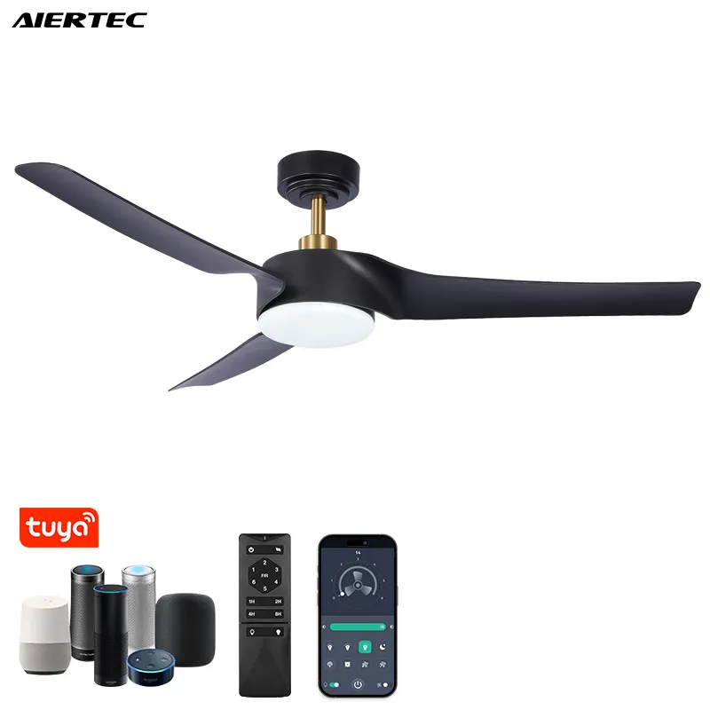 Morden 52'' Copper Black 3 Blades Ceiling Fan With Led Lights Remote Control 3 Color Dimming Metal 3 Abs Blades All Copper Motor