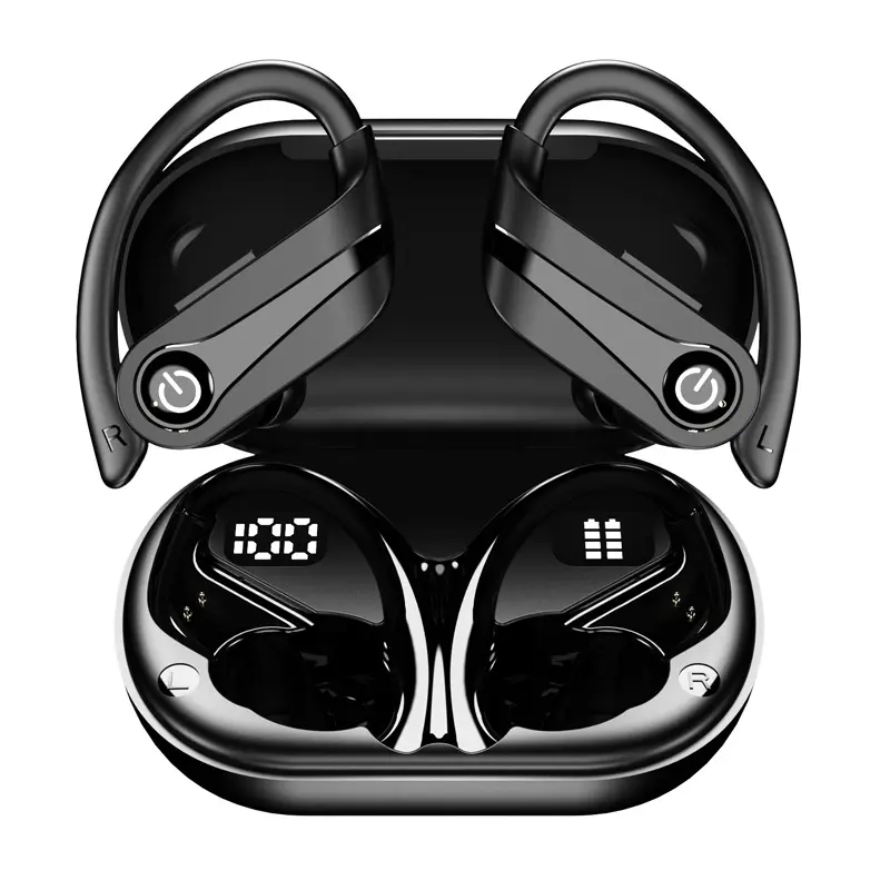 Headphone Bluetooth V5.3 dengan mikrofon, headphone kait telinga TWS nirkabel, Headset olahraga pengurang kebisingan, earphone musik dengan mikrofon