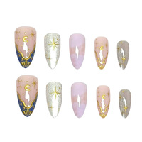 Uñas Postizas con Diseño de Estrella y Luna, 24 Piezas, Forma de Almendra, Estilo Romántico, Decoración de Uñas al por Mayor