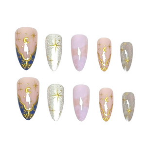 <span class=keywords><strong>Uñas</strong></span> Postizas con Diseño de Estrella y Luna, Forma de Almendra, 24 Piezas, con Lámina Dorada, Estilo Romántico <span class=keywords><strong>para</strong></span> Mujer, Venta al Por Mayor OEM - Product Image 4