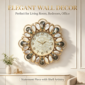 Orologio da Parete <span class=keywords><strong>Armens</strong></span> di Lusso in Stile Antico Moderno con Fiori e Conchiglie, Madreperla Naturale, Abalone Intarsiato, Cornice Placcata Oro e Strass - Product Image 1